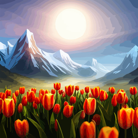 Spring landscape field tulips against backdrop mountains. Huge field colorful tulips, sky with clouds and sunset with sunbeams.のイラスト素材