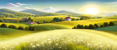 Italy landscape with houses, fields, and trees in the background. Vector illustration. Flat design poster. Europeanのイラスト素材