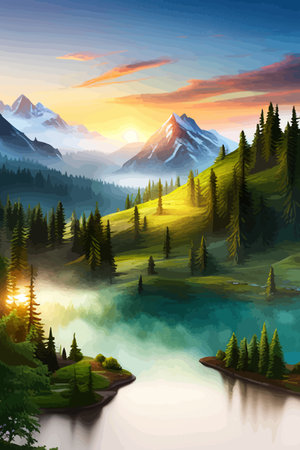 Landscape of mountains and green hills. Summer nature landscape with rocks, forest, grass, sun, sky and clouds.のイラスト素材