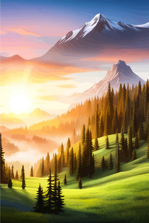 Landscape of mountains and green hills. Summer nature landscape with rocks, forest, grass, sun, sky and clouds.のイラスト素材