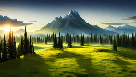 Landscape of mountains and green hills. Summer nature landscape with rocks, forest, grass, sun, sky and clouds.のイラスト素材