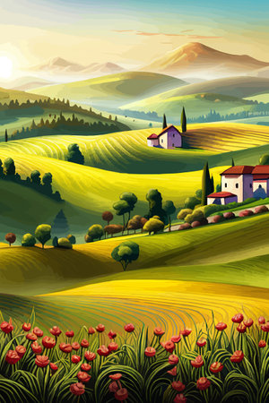 Italy landscape with houses, fields, and trees in the background. Vector illustration. Flat design poster. Europeanのイラスト素材