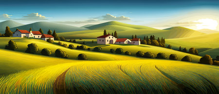 Italy landscape with houses, fields, and trees in the background. Vector illustration. Flat design poster. Europeanのイラスト素材