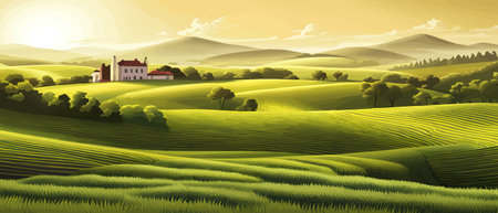 Italy landscape with houses, fields, and trees in the background. Vector illustration. Flat design poster. Europeanのイラスト素材