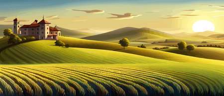 Italy landscape with houses, fields, and trees in the background. Vector illustration. Flat design poster. Europeanのイラスト素材