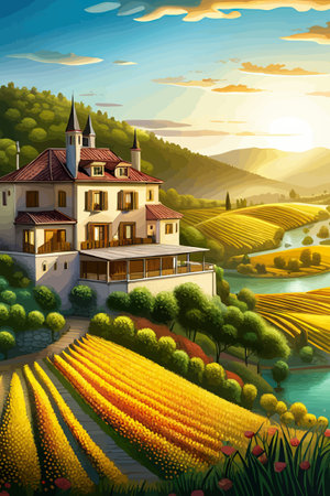 Italy landscape with houses, fields, and trees in the background. Vector illustration. Flat design poster. Europeanのイラスト素材