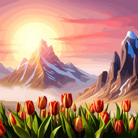 Spring landscape field tulips against backdrop mountains. Huge field colorful tulips, sky with clouds and sunset with sunbeams.のイラスト素材