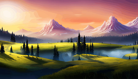 Landscape of mountains and green hills. Summer nature landscape with rocks, forest, grass, sun, sky and clouds.のイラスト素材
