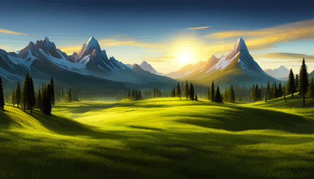 Landscape of mountains and green hills. Summer nature landscape with rocks, forest, grass, sun, sky and clouds.のイラスト素材