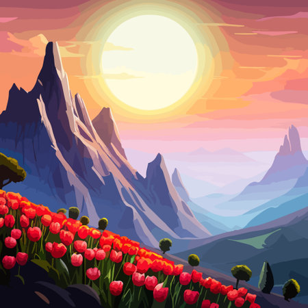 Spring landscape field tulips against backdrop mountains. Huge field colorful tulips, sky with clouds and sunset with sunbeams.のイラスト素材
