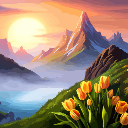 Spring landscape field tulips against backdrop mountains. Huge field colorful tulips, sky with clouds and sunset with sunbeams.のイラスト素材