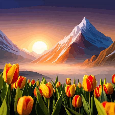 Spring landscape field tulips against backdrop mountains. Huge field colorful tulips, sky with clouds and sunset with sunbeams.の素材