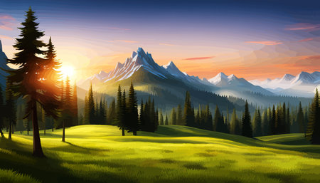 Landscape of mountains and green hills. Summer nature landscape with rocks, forest, grass, sun, sky and clouds.のイラスト素材