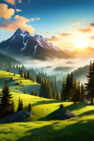 Landscape of mountains and green hills. Summer nature landscape with rocks, forest, grass, sun, sky and clouds.のイラスト素材
