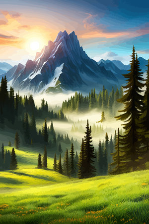 Landscape of mountains and green hills. Summer nature landscape with rocks, forest, grass, sun, sky and clouds.のイラスト素材