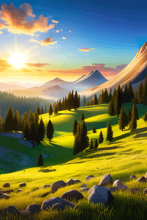 Landscape of mountains and green hills. Summer nature landscape with rocks, forest, grass, sun, sky and clouds.のイラスト素材