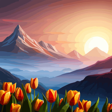 Spring landscape field tulips against backdrop mountains. Huge field colorful tulips, sky with clouds and sunset with sunbeams.のイラスト素材