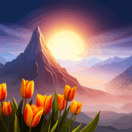 Spring landscape field tulips against backdrop mountains. Huge field colorful tulips, sky with clouds and sunset with sunbeams.の素材