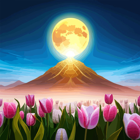Spring landscape field tulips against backdrop mountains. Huge field colorful tulips, sky with clouds and sunset with sunbeams.のイラスト素材