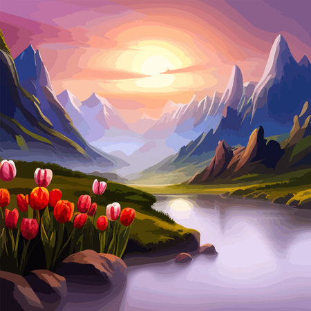 Spring landscape field tulips against backdrop mountains. Huge field colorful tulips, sky with clouds and sunset with sunbeams.の素材