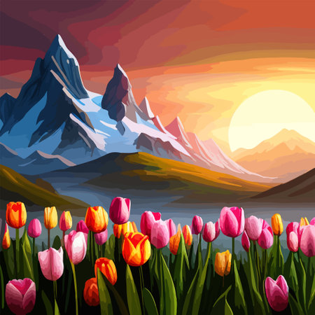 Spring landscape field tulips against backdrop mountains. Huge field colorful tulips, sky with clouds and sunset with sunbeams.のイラスト素材