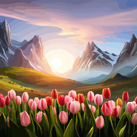 Spring landscape field tulips against backdrop mountains. Huge field colorful tulips, sky with clouds and sunset with sunbeams.のイラスト素材
