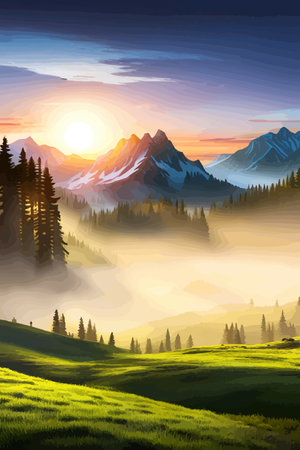 Landscape of mountains and green hills. Summer nature landscape with rocks, forest, grass, sun, sky and clouds.のイラスト素材