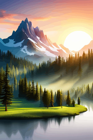 Landscape of mountains and green hills. Summer nature landscape with rocks, forest, grass, sun, sky and clouds.のイラスト素材
