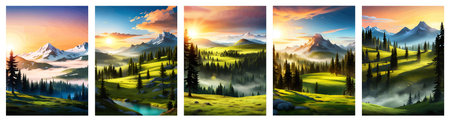 Landscape of mountains and green hills. Summer nature landscape with rocks, forest, grass, sun, sky and clouds.の写真素材