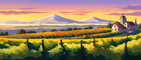 Rural landscape with a beautiful view of distant fields and hills vector illustration.のイラスト素材