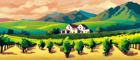 Rural landscape with a beautiful view of distant fields and hills vector illustration.のイラスト素材