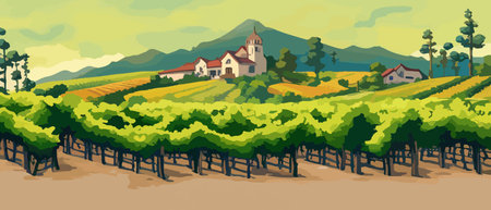 Rural landscape with a beautiful view of distant fields and hills vector illustration.のイラスト素材