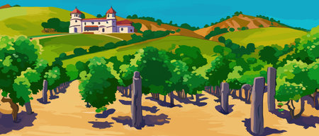 Rural landscape with a beautiful view of distant fields and hills vector illustration.のイラスト素材