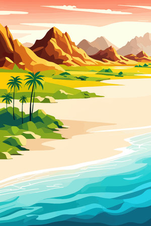 Top view of the summer sea beach. Top view of the ocean beach with soft waves. Beautiful background with shellsのイラスト素材