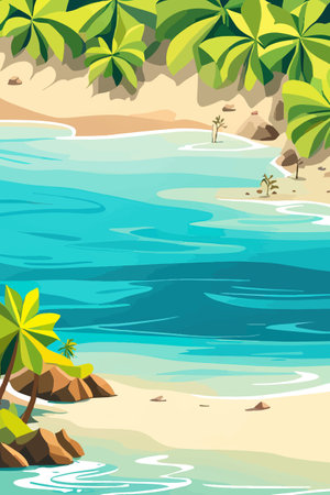Top view of the summer sea beach. Top view of the ocean beach with soft waves. Beautiful background with shellsのイラスト素材