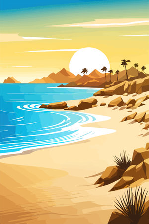 Top view of the summer sea beach. Top view of the ocean beach with soft waves. Beautiful background with shellsのイラスト素材