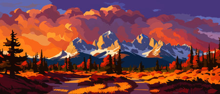 Vector autumn horizontal landscape with fog, forest, spruce, fir and morning sunlight. Autumn season Silhouette, fogのイラスト素材