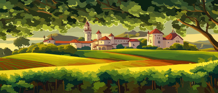 Rural landscape with a beautiful view of distant fields and hills vector illustration.のイラスト素材