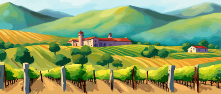 Rural landscape with a beautiful view of distant fields and hills vector illustration.のイラスト素材