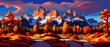 Vector autumn horizontal landscape with fog, forest, spruce, fir and morning sunlight. Autumn season Silhouette, fogのイラスト素材