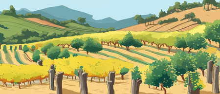 Rural landscape with a beautiful view of distant fields and hills vector illustration.のイラスト素材