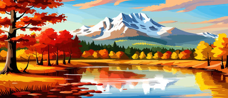 Autumn landscape with trees, mountains, fields, leaves. Rural landscape. Autumn background. Vector illustrationのイラスト素材