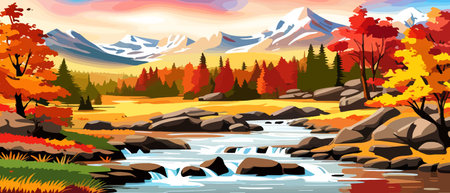 Autumn landscape with trees, mountains, fields, leaves. Rural landscape. Autumn background. Vector illustrationのイラスト素材