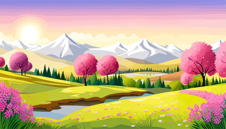Nature and landscape. Vector illustration of trees, forest, mountains, flowers, plants, field. Picture for backgroundのイラスト素材