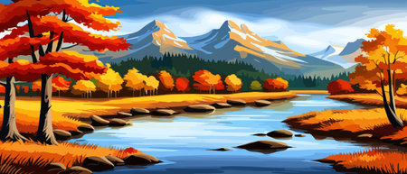 Autumn landscape with trees, mountains, fields, leaves. Rural landscape. Autumn background. Vector illustrationのイラスト素材