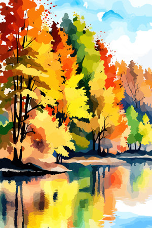 Watercolor landscape. Autumn forest on the lake shore vector illustration autumnal trees on the shore of calm forestのイラスト素材