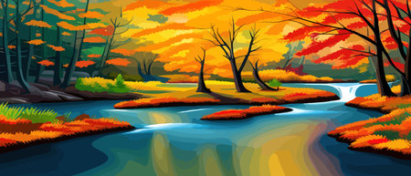 Autumn landscape with trees, mountains, fields, leaves. Rural landscape. Autumn background. Vector illustrationのイラスト素材