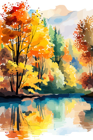 Watercolor landscape. Autumn forest on the lake shore vector illustration autumnal trees on the shore of calm forestのイラスト素材