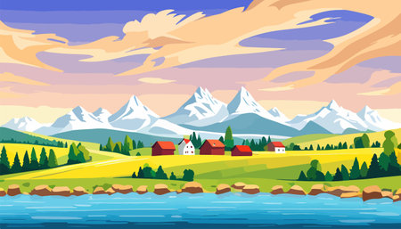 Vector illustration of a house in a rural area surrounded by panoramic meadows, mountains, and idyllic countryside.のイラスト素材