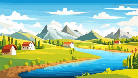 Vector illustration of a house in a rural area surrounded by panoramic meadows, mountains, and idyllic countryside.のイラスト素材